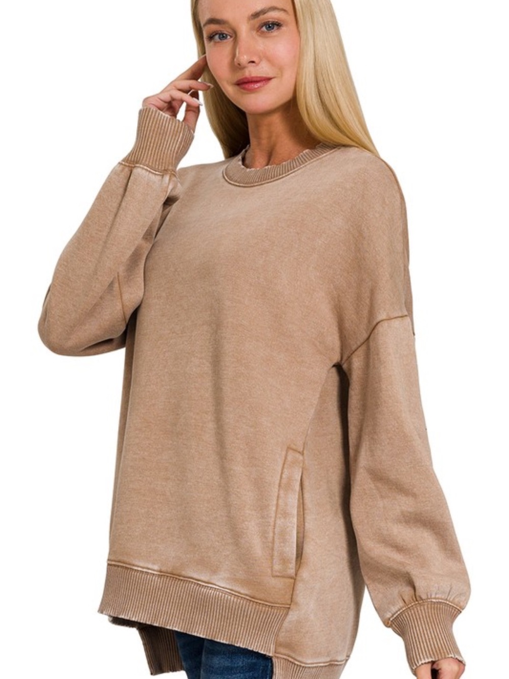 Deep Camel Acid Wash Fleece Hi-Low Pullover Sweatshirt with Pockets - Picture 2 of 2